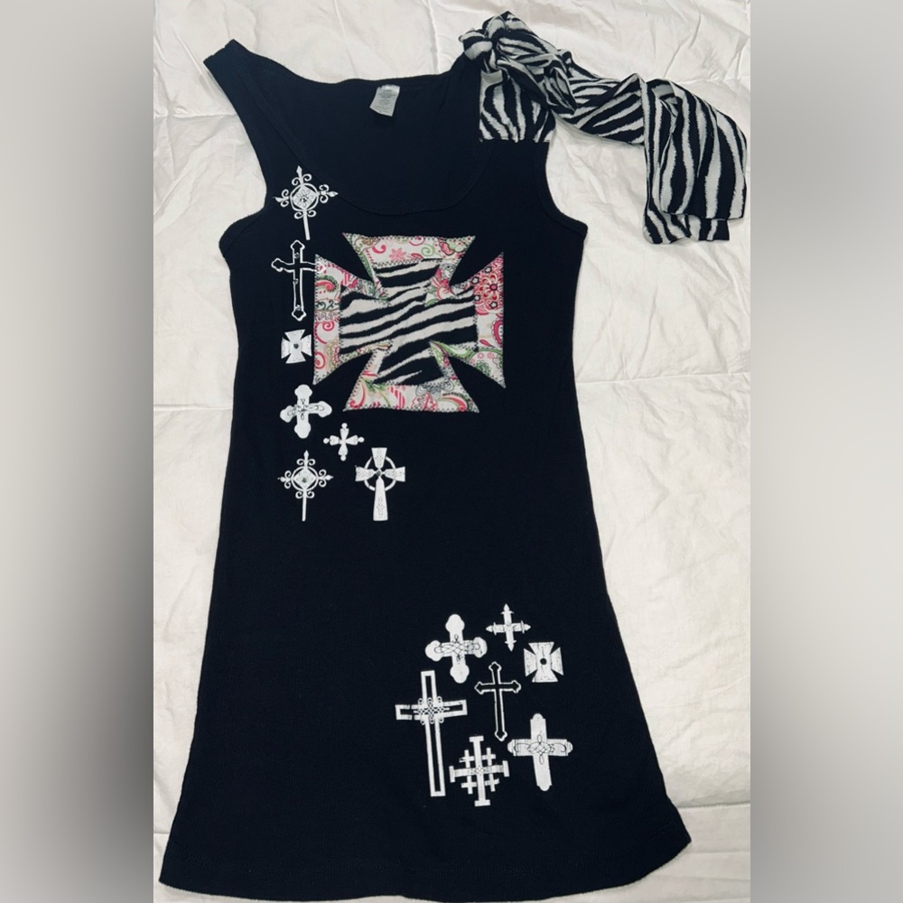 Black Cross Print Tank Dress with Zebra Accents
